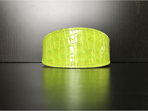 Lined Fluorescent Yellow Reptile Pattern - Greyhound Leather Collar - Size L